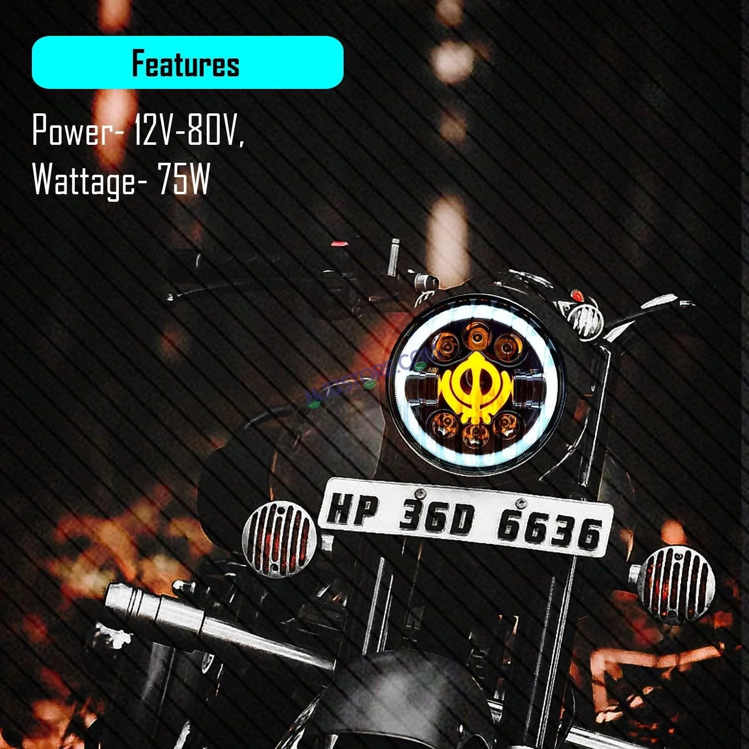 HJG 7 Inch Round Headlight Compatible with Royal Enfield, Jeep & Harley Davidson (Khanda DRL) (12V-80V 75W) - Image 3